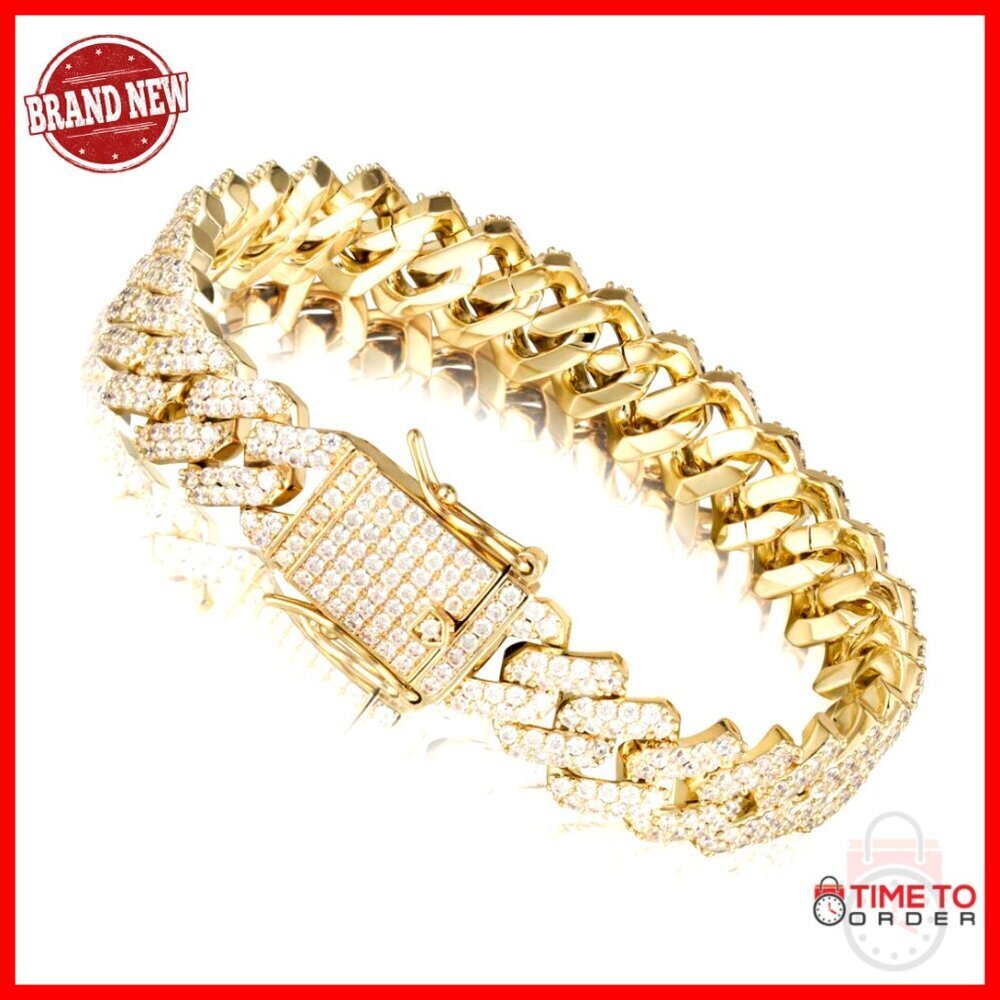 12mm Heavy Iced Out Miami Cuban Link Bracelet 14K Gold Plated CZ Lab Diamond